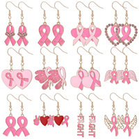 Boucles d'oreilles pendantes en gros avec ruban rose de sensibilisation au cancer du sein, émail et strass, pendentifs cœur et papillon, cadeaux de charité pour femmes