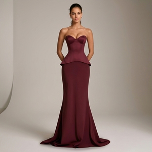 Abito da sposa a <span class=keywords><strong>sirena</strong></span> rosso ciliegia drappeggiato, moderno, di alta qualità, con spalle scoperte e schiena scoperta, taglie forti, nuovo stile 2026 - Product Image 1
