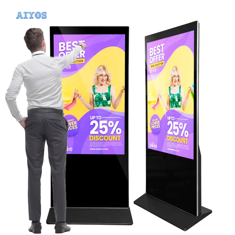 Aiyos विज्ञापन मीडिया प्लेयर 43-65 इंच मंजिल खड़े एंड्रॉयड टच स्क्रीन डिजिटल पैनल साइनेज कियोस्क एलसीडी विज्ञापन प्रदर्शन मॉनिटर