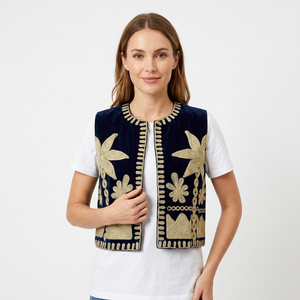 Chaleco de Terciopelo Azul Marino para Mujer, Bordado con Diseño Floral, Chaqueta Corta sin Mangas, Estilo Otoñal - Product Image 1