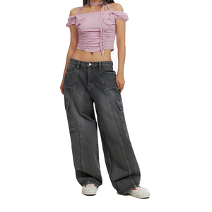 Pantalones vaqueros de cintura baja personalizados <span class=keywords><strong>para</strong></span> <span class=keywords><strong>mujer</strong></span>, talla XXL, pantalones vaqueros de pierna ancha lavados grises con costuras delanteras <span class=keywords><strong>para</strong></span> novio, <span class=keywords><strong>ropa</strong></span> de <span class=keywords><strong>mujer</strong></span> de talla grande, pantalones vaqueros Cargo - Product Image 4