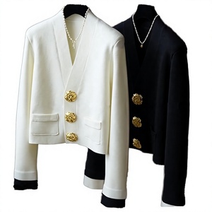Cárdigan de Punto para Mujer, Novedad de Otoño, Negro y Blanco con Hebilla Dorada, Cuello en V, Casual, Ecológico, Antiarrugas, Chaqueta - Product Image 2