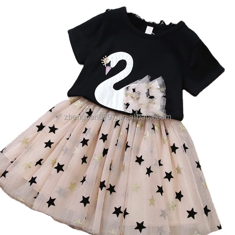 Summer New Foreign Trade Girls' Suit Girls' Short Sleeved Swan Top Plus Star Gauze Skirt Two-Piece Set