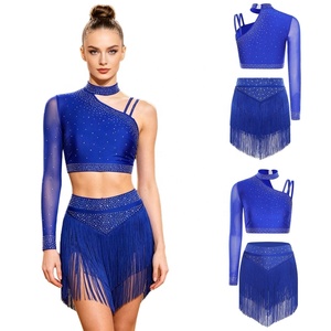 Traje de Baile Latino con Pedrería para Mujer, Falda con Flecos, Top Corto Asimétrico de Una Manga, Conjunto de Ropa de Baile para Competencia, Personalizado - Product Image 4