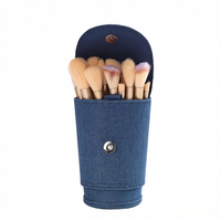 Porte-pinceaux de maquillage cylindrique en toile bleue personnalisé avec fermeture à rabat, durable et résistant à l'usure, modèle JF26-052, OEM/logo personnalisé