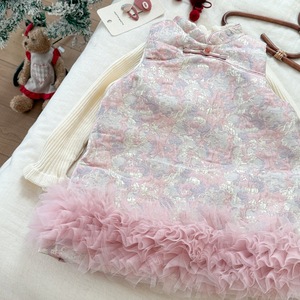Tongxingyuan Girls Sleeveless Cheongsam Dress Thickened Pink Tulle Hem Winter Fashion Retro Style - Product Image 3