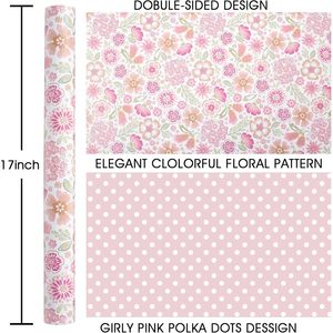 Pink Floral Gift <b>Wrapping</b> <b>Paper</b> 17 In X 33 Ft Reversible Premium Roll For Romantic Occasions Eco Friendly Craft Use - Product Image 3