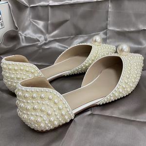 Chaussures plates blanches pour mariée, sandales à talons bas pour femme, chaussures de fête, avec perles, direct usine - Product Image 6