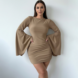 Vestido de fiesta elegante para mujer, de color liso, con manga murciélago, fruncido, ajustado, sin espalda y con diseño hueco. - Product Image 2