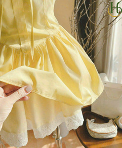 Yellow Woven <b>Spaghetti</b> <b>Strap</b> Bow Bust Mini Dress Vietnam Line Dress Sweet Feminine Bow Tie Front Bust Cup Design - Product Image 2
