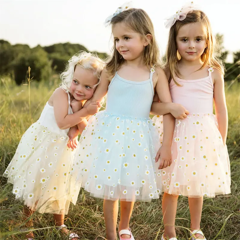 Diskon besar-besaran 2024 gaun Tutu anak perempuan motif aster kecil musim panas gaun motif bunga untuk anak perempuan tanpa lengan