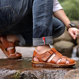 Summer Men's Closed Toe Cross Strap Sandals Genuine Leather Breathable Rubber Sole Casual Outdoor <b>Shoes</b> - Product Image 2