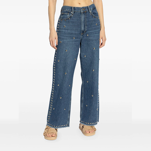 Celana <span class=keywords><strong>Jeans</strong></span> Wanita Vintage Pinggang Sedang Model Lurus Kasual Streetwear Seksi Hiasan Manik-Manik Berlian Imitasi Rivet Denim Bernapas Musim Panas - Product Image 1