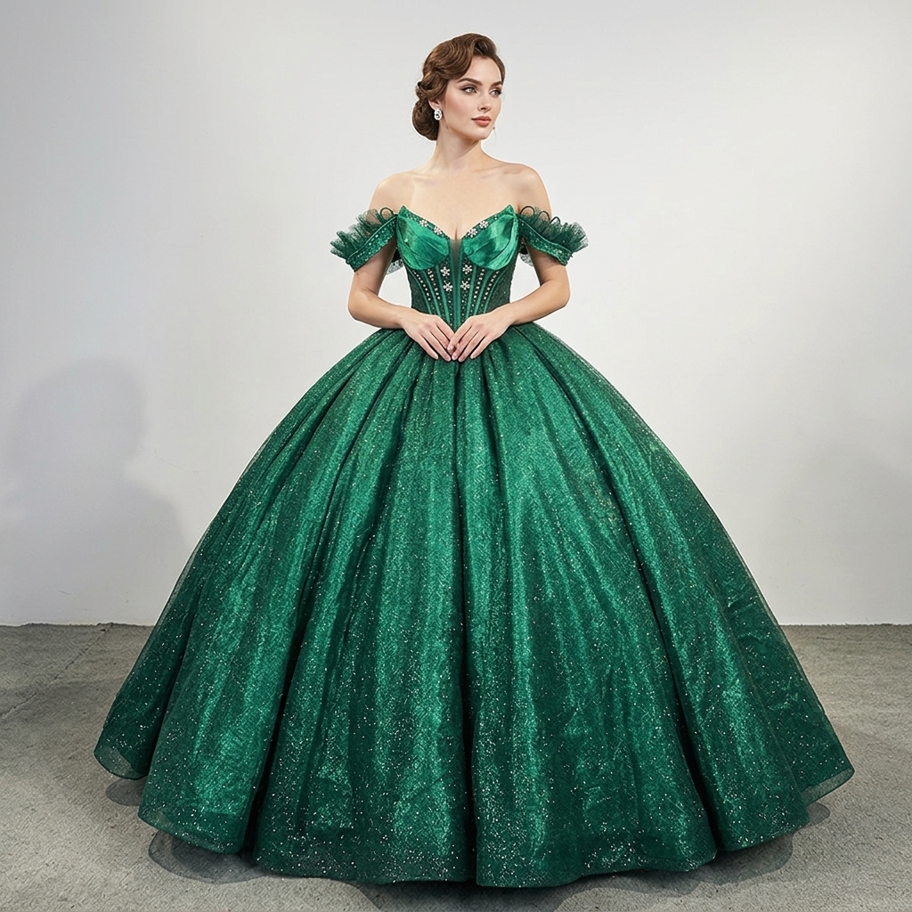 Buy Mexican Green Quinceanera Dresses Off-The-Shoulder Neckline |  Alibaba.com