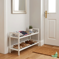 Meuble à chaussures autoportant en bambou blanc à 2 niveaux avec étagères à lattes ventilées, gain de place, style ferme, pour entrée