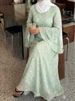 Robe Abaya en Chiffon Imprimé OEM ODM, Double Couche, Manches Évasées, Robe Longue Décontractée Islamique pour Femmes Musulmanes