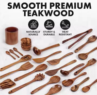 Ensemble d'ustensiles de cuisine écologiques en bois de teck Wuyung avec cuillères, spatule et cuillère à pâtes ajourée