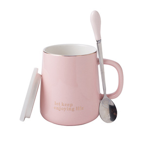 Ensemble de tasses en céramique avec couvercle et cuillère, design simple pour couple, couleur unie, pour le petit-déjeuner, idéal comme cadeau - Product Image 3