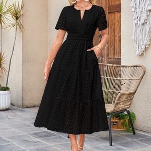 เดรสยาวแขนสั้นคอวีลายฉลุจีบระบายแฟชั่นสำหรับผู้หญิง - Product Image 5