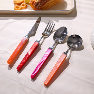 <b>Acrylic</b> Cutlery Set Stainless Steel Red Handle Soup Spoon Dessert Fork Butter Knife Simple Style Kitchen Utensils - Product Image 3