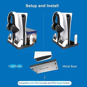 Soporte Vertical con soporte para auriculares y ventilador de refrigeración, Base para consola PS5 y accesorios, 15 ranuras de disco de juego y organizador remoto multimedia - Product Image 5