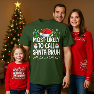 Camiseta de manga corta con estampado digital de cuello redondo unisex para adultos, con la frase 'Most Likely To Call Santa Holiday Superlative' - Product Image 3