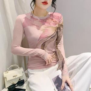 T-<span class=keywords><strong>shirt</strong></span> en <span class=keywords><strong>gaze</strong></span> à manches longues et col rond pour <span class=keywords><strong>femme</strong></span>, motif floral bronzé, collection Printemps/Été - Product Image 1