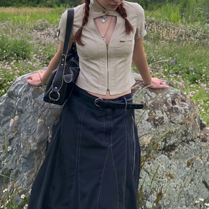 Street Style Vintage Stand Collar <b>Patchwork</b> Hollow Out Cargo <b>Shirt</b> Zipper Cardigan Casual Short Sleeve - Product Image 3