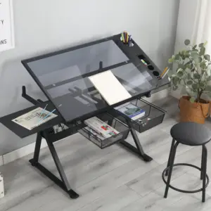 Glass Top industrial drafting table adjustable for home school drawing desk