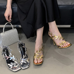 Sandalias de tacón alto y fino con correa trasera para mujer, diseño de hojas, punta cuadrada abierta, estilo stiletto, con correa de PVC, para verano - Product Image 5