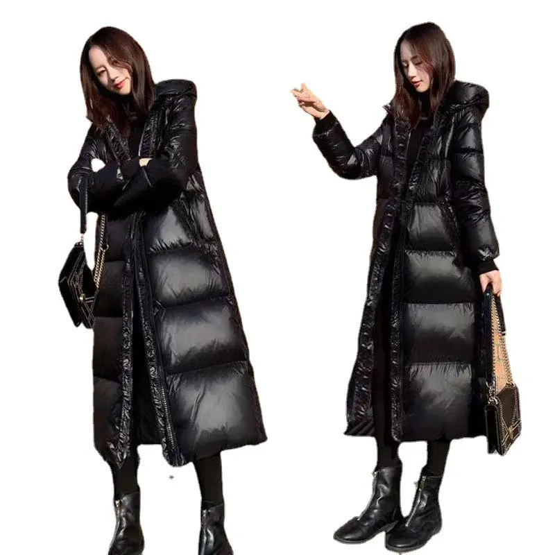 Fashion Black Down Padded Mid-length Over The Knee Women Coat Shiny Korean Loose Winter Jacket