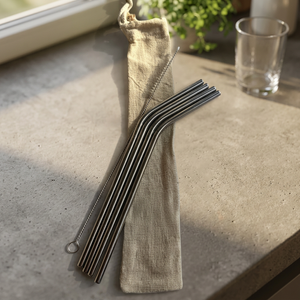 Reusable Metal <b>Drinking</b> <b>Straws</b> 4-Pack Minimalist Bar Accessories with Cleaning Brush in Cotton Bag - Product Image 2