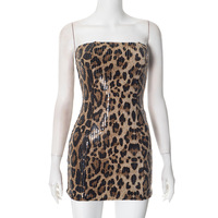 Nouvelle Robe Mini Sexy de Soirée pour Femme, Décontractée Printanière, à Paillettes Léopard, Sans Bretelles, Tissée, Antistatique, Coupe Droite, Taille Naturelle