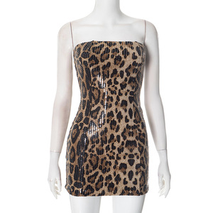 Nouvelle <span class=keywords><strong>Robe</strong></span> Mini Sexy de Soirée pour Femme, Décontractée Printanière, à Paillettes Léopard, Sans Bretelles, Tissée, Antistatique, Coupe Droite, Taille Naturelle - Product Image 4
