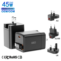 Pengisi Daya Cepat Kabel Gan Retractable IBD 45W Usb Type c Pengisi Daya Ponsel Portabel Adaptor Colokan US EU AU UK India untuk Iphone Laptop
