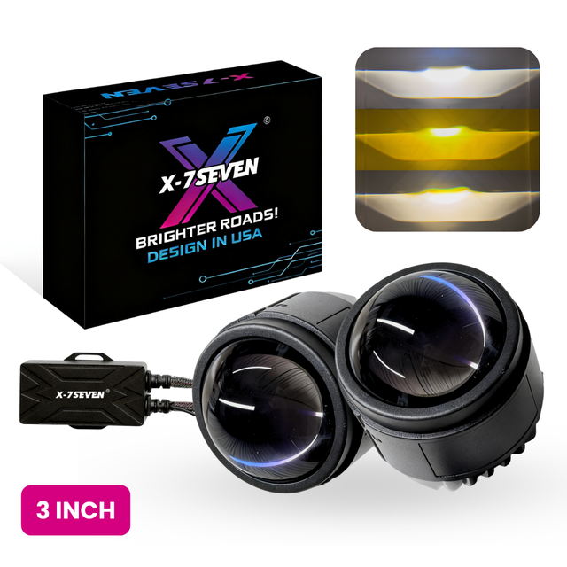 X-7SEVEN CE ROHS FCC Tricolor 3 Inch BiLED Laser Fog Light Blue Coated Lens 58W 62W 9-16V High Low Beam Fog Light Projector