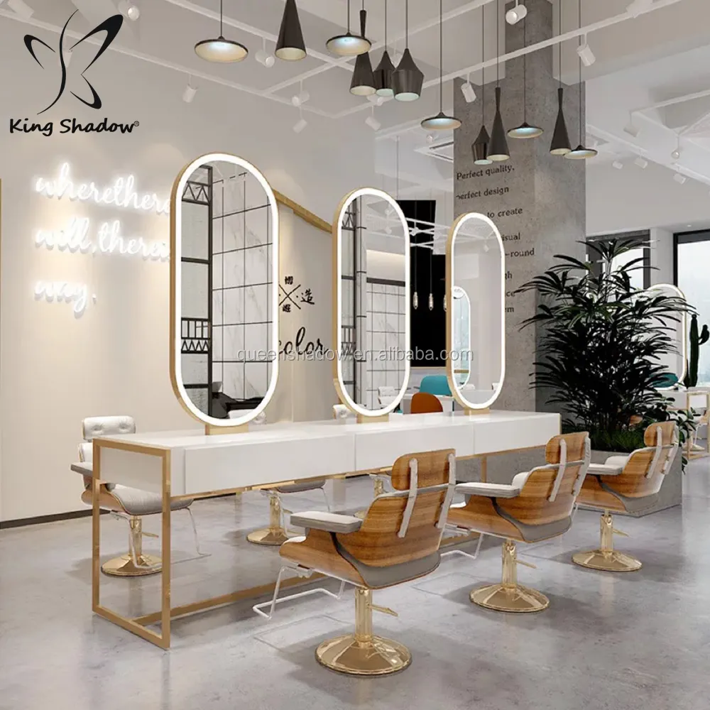 Kingshadow beauty salon hairdressing furniture hair styling stations salon mirror station with light