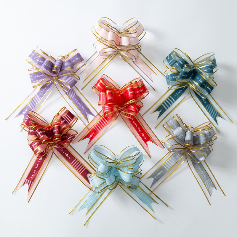 Festive Organza Metallic Ball Shape Gift Decoration Pull Flower String Plastic Ribbons Bow for Wedding and Christmas