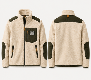 Custom Sherpa <b>Jacket</b> Men's Warm <b>Teddy</b> <b>Fleece</b> Full Zip Coat With Contrast Nylon Pocket Elbow Patch Outdoor Winter Workwear - Product Image 2