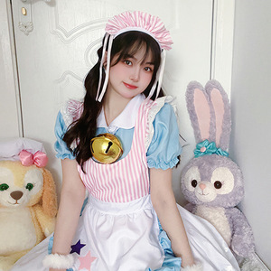 Yi Xiaoyi Maid Costume Women Anime Cosplay Dress With <b>Cat</b> Ears And Bell Pink Striped Apron Adult Size - Product Image 4