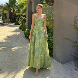 Vestido Maxi de Verano para Mujer, Estampado Floral Verde, Transpirable, Estilo Informal para Playa, Fiesta o Vacaciones, Corte en A, Sin Mangas, Espalda Descubierta - Product Image 2