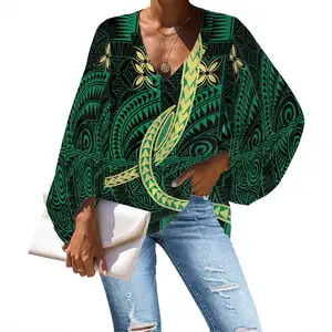 Camisas de manga farol Polynesian Tribal Samoan Green Tapa Pattern Print Custom Latest Formal Falda Blusa Patrones para damas