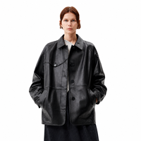 Abrigo Mac de Piel de Oveja Semilicuada Negra Encerada para Mujer, Casual de Invierno, Cortavientos, Teñido Liso, con Botones Cubiertos de Poliéster