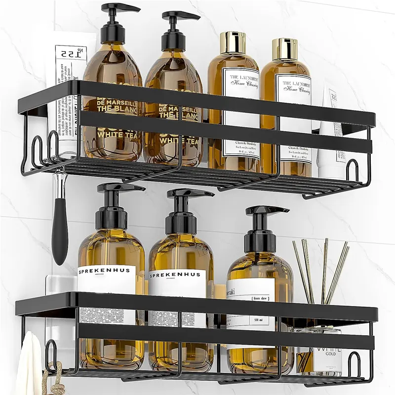 2 Pack Bathroom Accessories Wall mounted Toiletries Organization Stainless No Drilling Shower Shelves with Adhesive Hooks