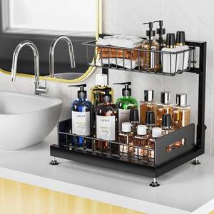 Paquete de <span class=keywords><strong>2</strong></span> organizadores negros para fregadero de cocina, armario de almacenamiento, cesta deslizante de <span class=keywords><strong>2</strong></span> niveles, mostrador en forma de L, estantes ajustables para almacenamiento - Product Image 3