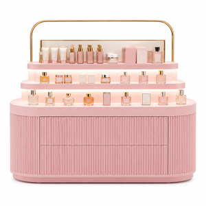 Comptoir de présentation de cosmétiques ovale rose avec éclairage LED, vitrine en îlot à niveaux et cadre en arche dorée pour magasin de parfums - Product Image 5