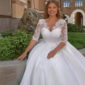 Wedding Dress V-neck <b>Lace</b> Ball Gown 3/4 Sleeve <b>White</b> Satin Bridal Gown Mori Girl Style - Product Image 1