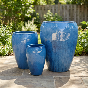<b>Ceramic</b> Glazed Rustic Modern Outdoor Flower Pots Set with Large Capacity Blue Green <b>Vases</b> for Garden Decor - Product Image 3