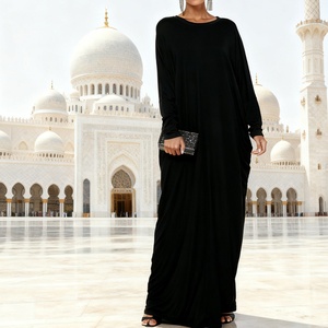 Solid Color One Size Closed Abaya Cotton <b>Long</b> <b>Dress</b> with Slim Batwing Sleeves <b>for</b> Muslim Women Daily Wearing 6200# - Product Image 1