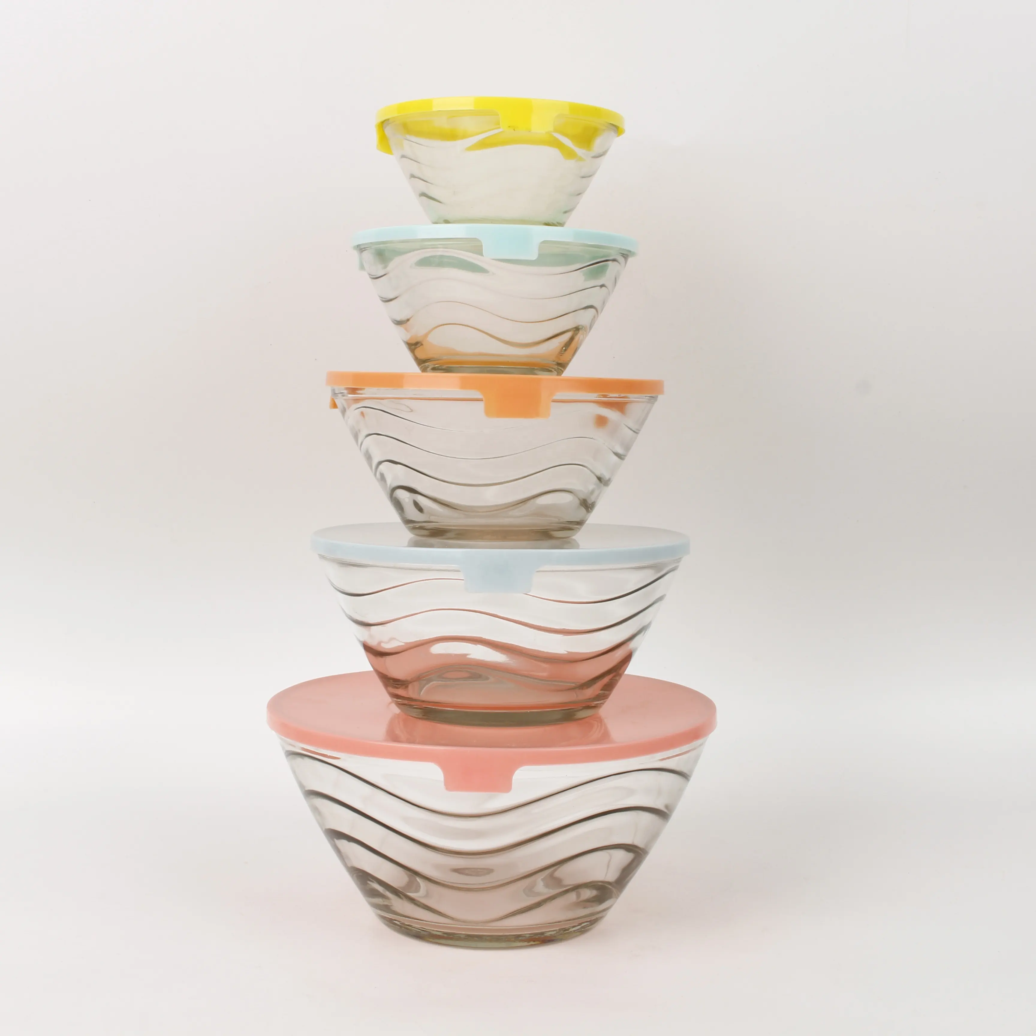 Wholesale Promotions Wave Strip 5 Pcs Fruit Glass Salad Bowls Set With Lid Glass Container Keep Fresh Bowls